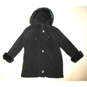 Womens Jacket-GIORGIO MORANDI-black lined filled hooded zip w/faux fur trim ls-S